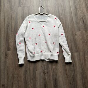 Valentine’s Day White Sweater with Red Heart Accents